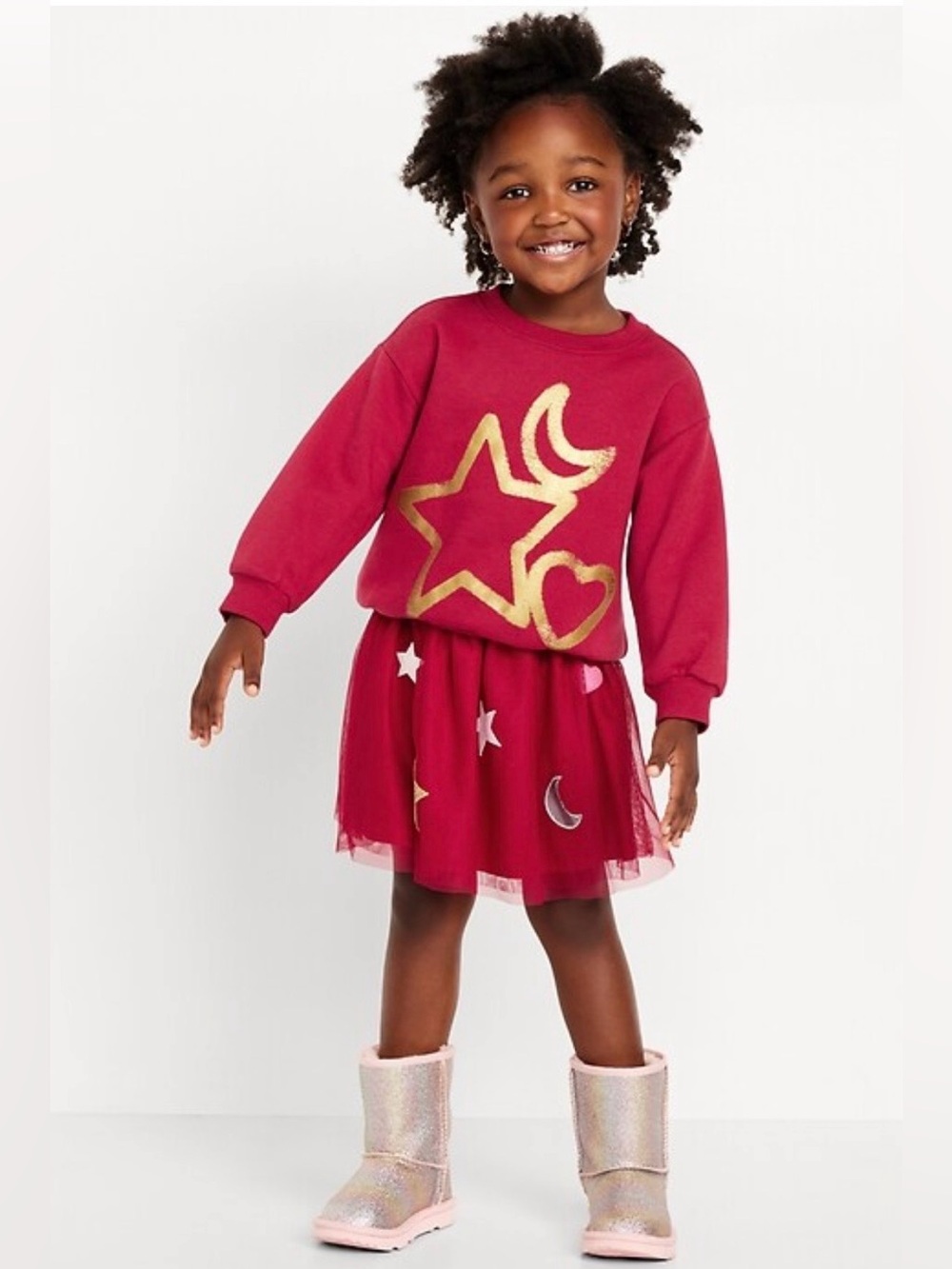 NWT Girls 5T Sweatshirt & Tulle Skirt Set Pink Gold Stars Hearts Moon